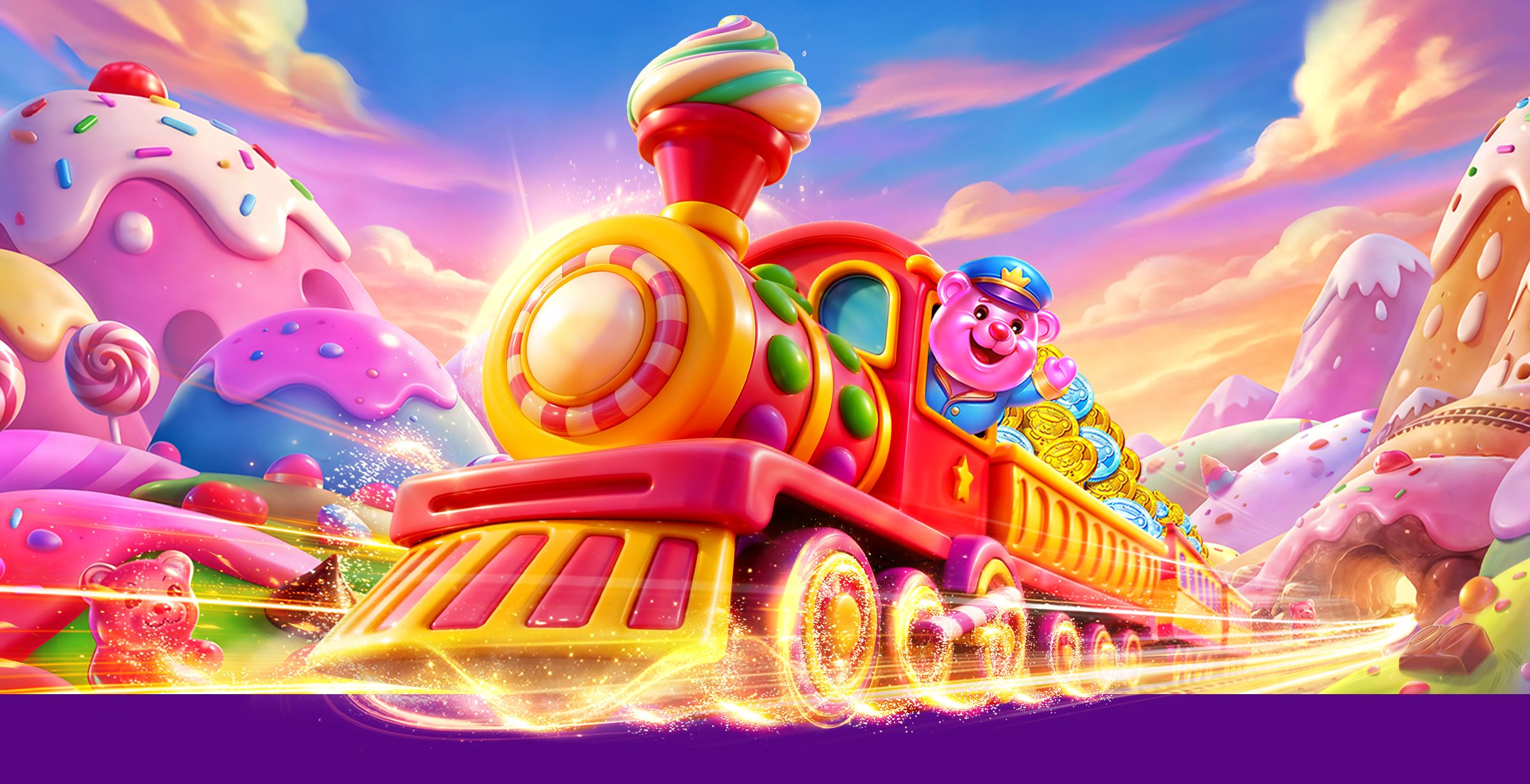 A colorful toy train with a smiling bear conductor travels through a whimsical, candy-filled landscape under a vibrant sky.