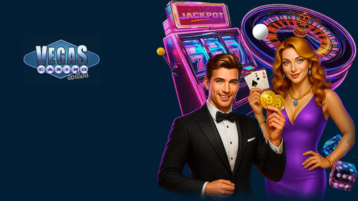 A couple in formal wear stands in front of a slot machine and roulette wheel, holding poker chips and cards. Vegas Casino logo on the left.