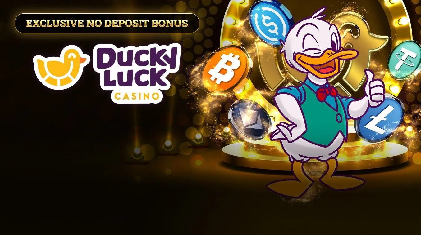 A cartoon duck in a bow tie gives a thumbs up next to the "Ducky Luck Casino" logo with cryptocurrency symbols floating around.