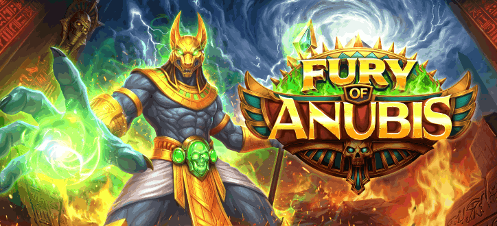 Anubis, the Egyptian god, stands powerfully with a glowing green orb, beside the title "Fury of Anubis" in a fiery, mystical landscape.