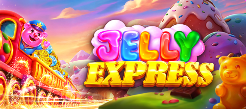 Colorful candy-themed train with a smiling teddy bear conductor, set in a whimsical landscape; text reads "Jelly Express."