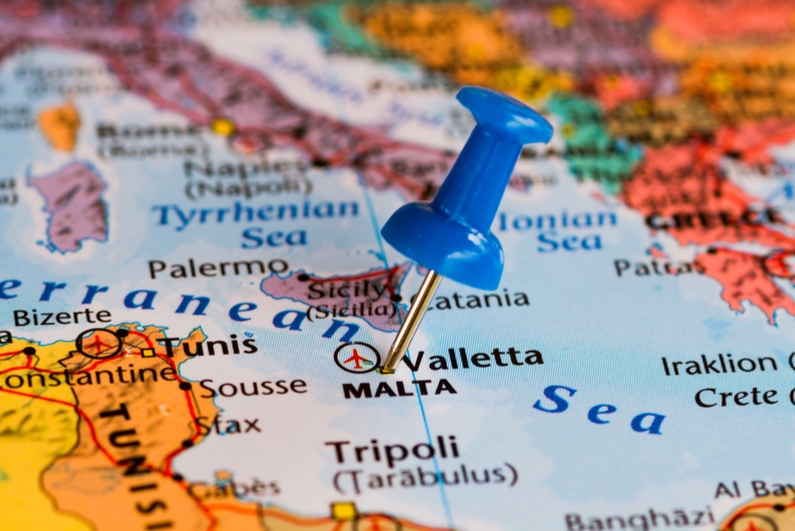 Map with blue pin showing location of Malta