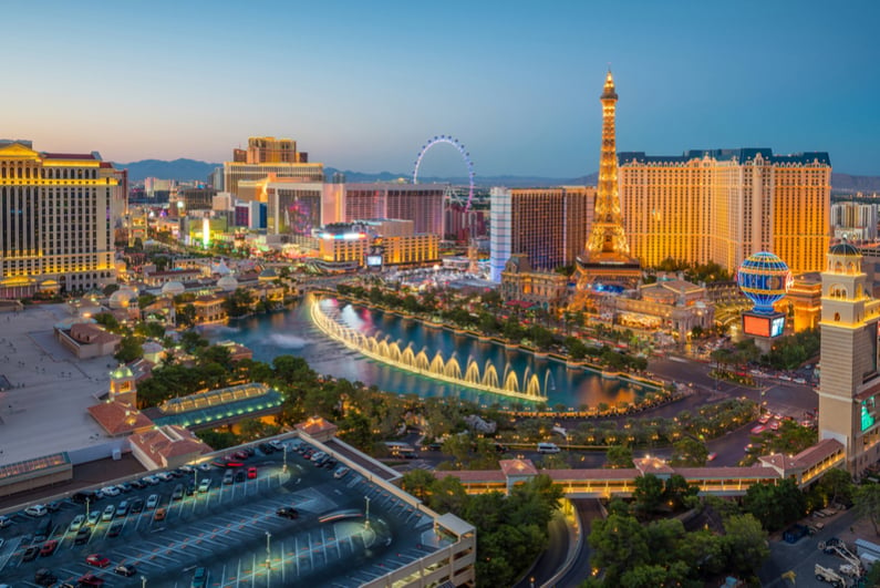 Aerial view of Las Vegas strip in Nevada as seen at night