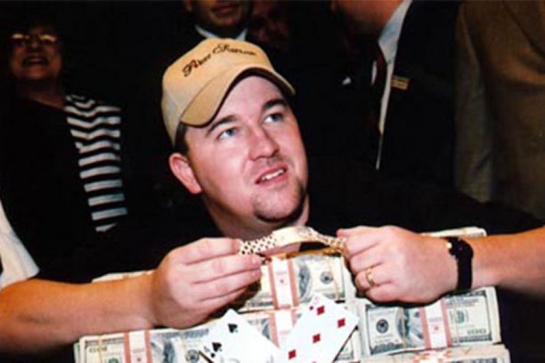 Chris Moneymaker, who will get a lot of support for Poker Hall of Fame, is shown with a basket of money.