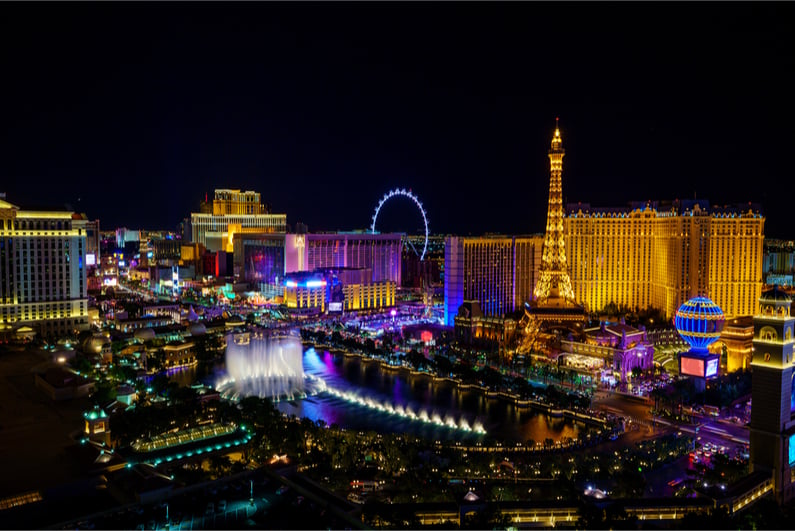 Aerial view of Las Vegas strip in Nevada as seen at night