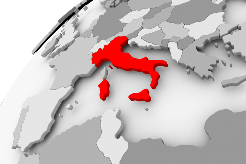 Map of Italy in red on grey political globe
