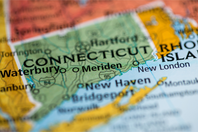 map close-up showing state of Connecticut