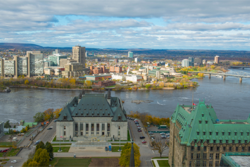 Aerial view of Supreme Court of Canada and Gatineau Skyline, Ottawa, Canada.