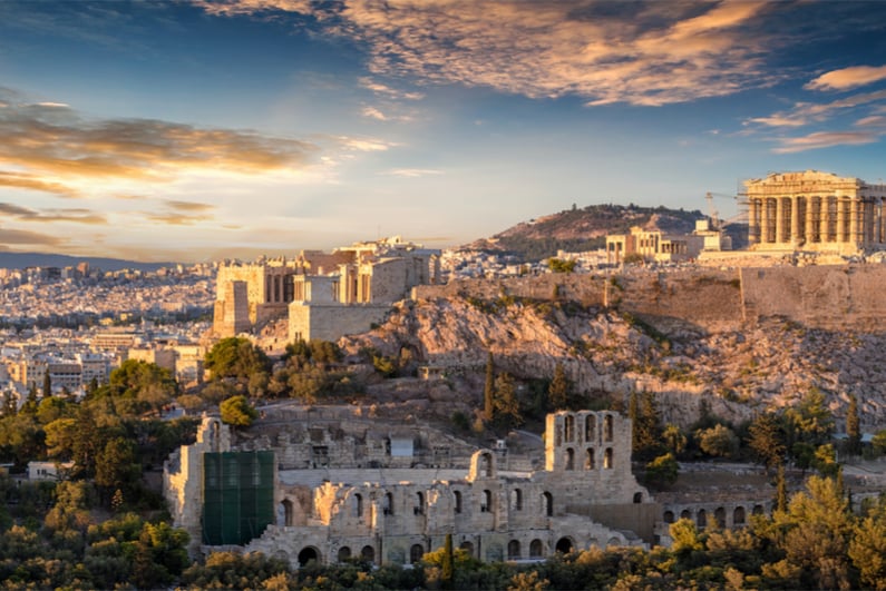The Acropolis of Athens, Greece, with the Parthenon Temple during sunset