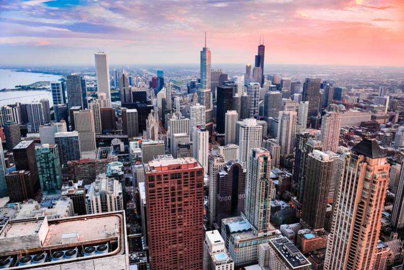 Chicago skyline at sunset