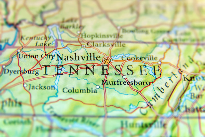 Map of Tennessee showing important cities