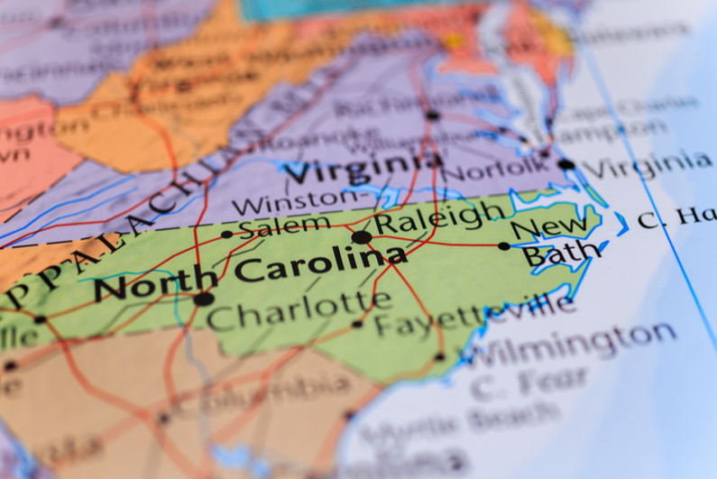 Virginia and North Carolina on a map