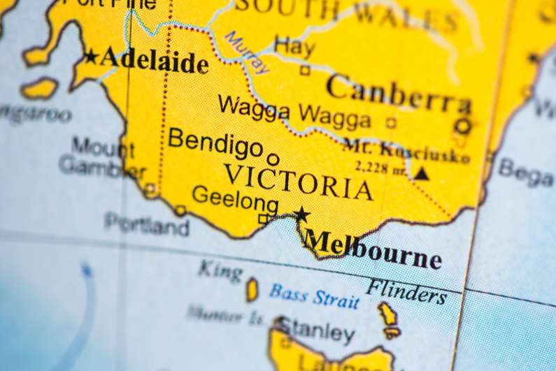 Victoria on a map of Australia