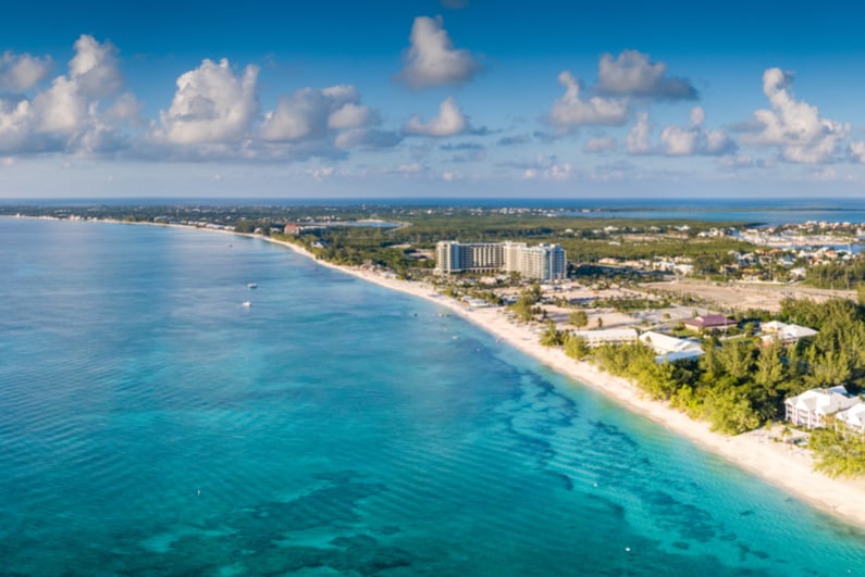 Aerial panorama of the tropical paradise of the cayman islands in the caribbean sea