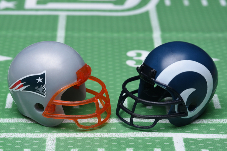 New England Patriots and Los Angeles Rams helmoets
