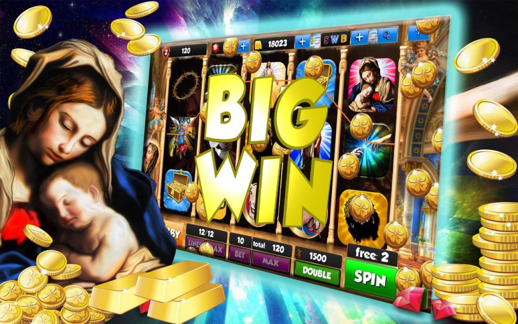 Bible slot machine reels announcing a big win