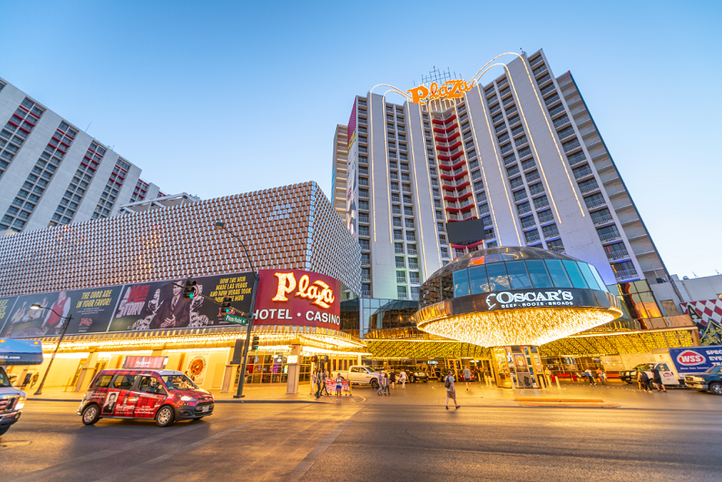 Exterior early-evening view of the Plaza Hotel & Casino in Las Vegas.