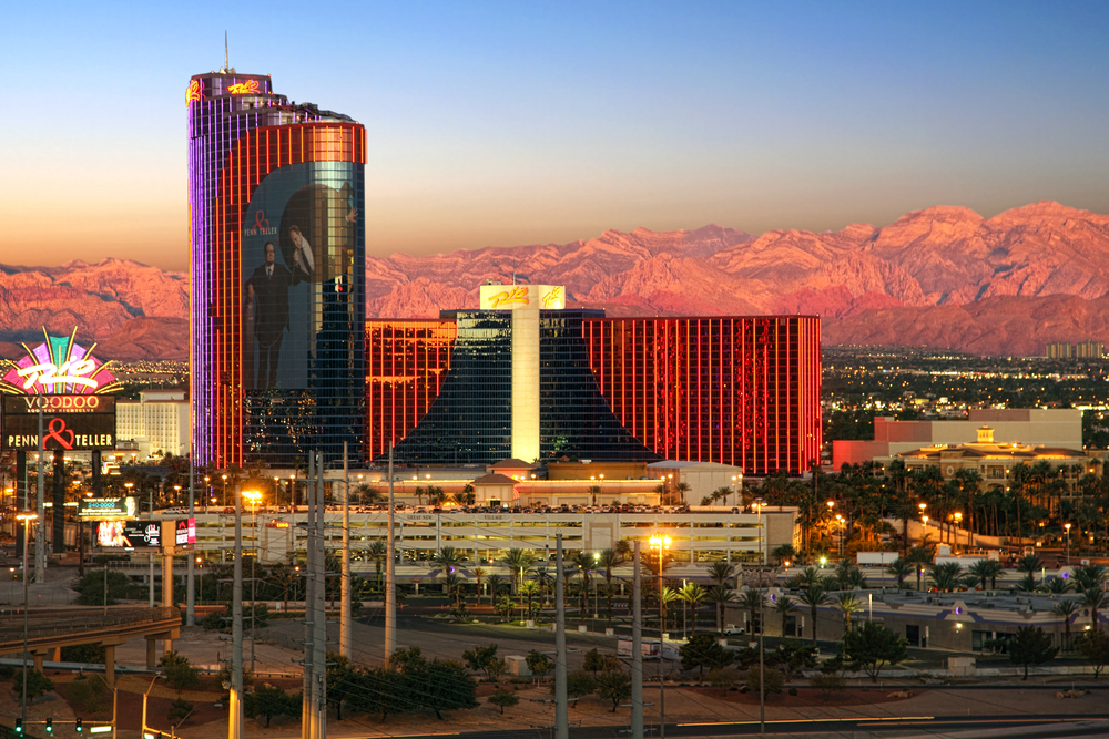 dusk shot of the Rio All-Suite Casino and Hotel in Las Vegas