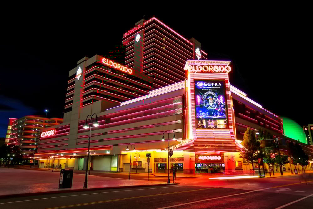 night shot of illuminated eldorado hotel and casino property