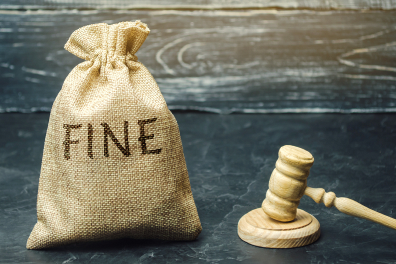 Money bag with the word 'fine' and the judge's hammer.
