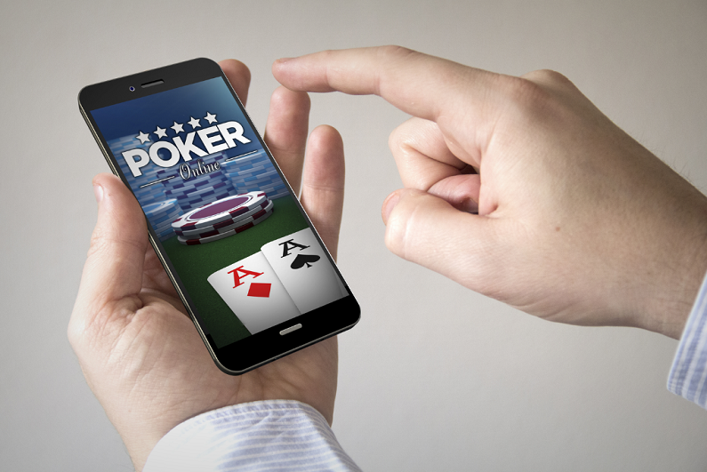 Closeup of person using fictional mobile poker app.