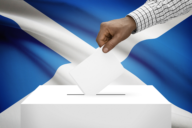 ballot box with Scottish national flag in background