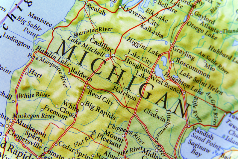 close-up of Michigan on a map