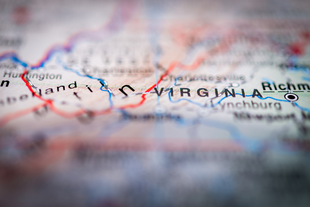 close-up of Virginia on map
