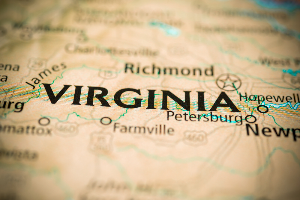 close-up of Virginia state on US map