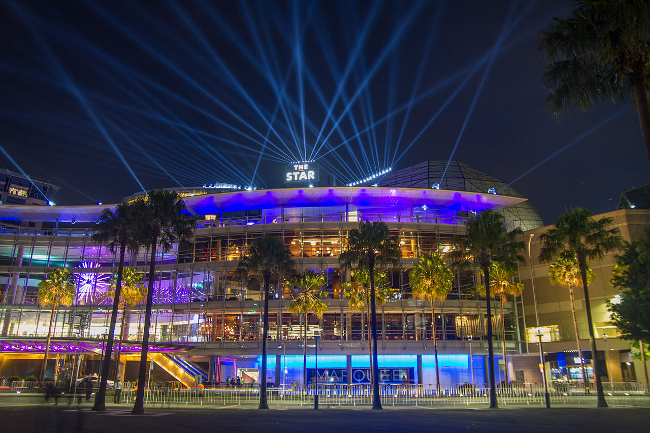 Night shot of the illuminated facade of The Star casino in Sydney, Australia