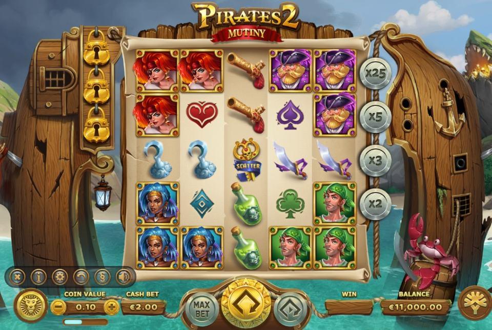 Pirates 2: Mutiny slot reels by Yggdrasil