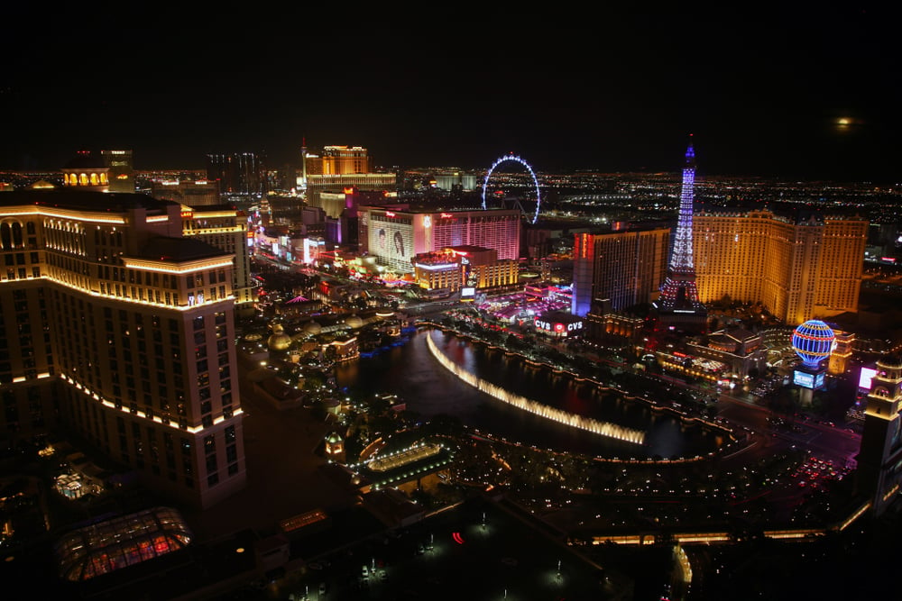 aerial nighttime view of the Las Vegas Strip