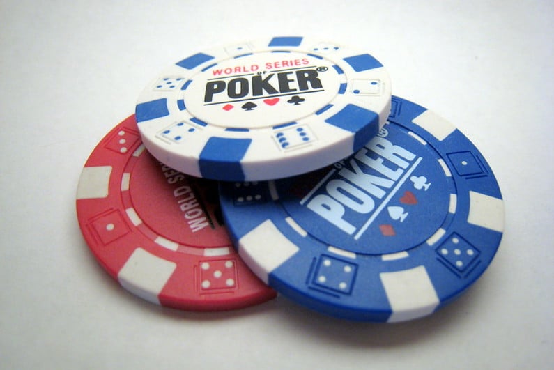 Red, white, and blue WSOP poker chips