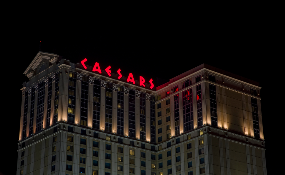 evening view of Caesars Hotel & Casino in Atlantic City