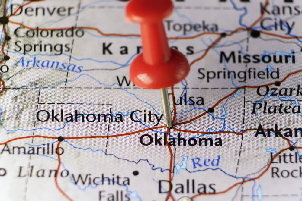 red pin placed on Oklahoma map