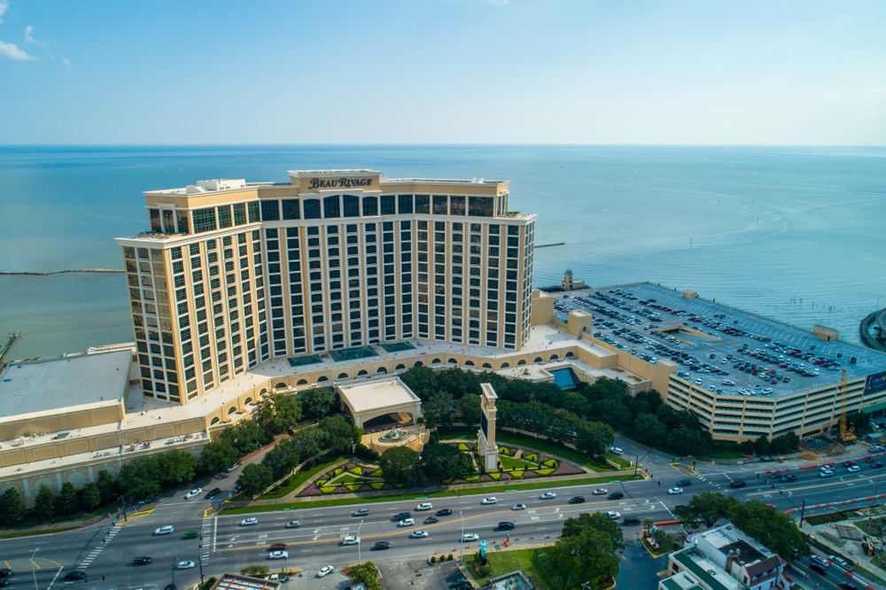 aerial drone image of the Beau Rivage hotel and casino facility in Biloxi, Mississippi