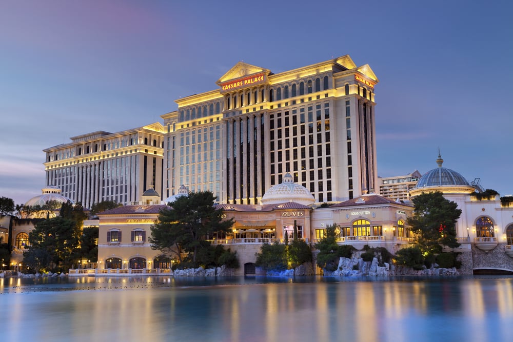 lit-up facade of the Caesars Palace Hotel & Casino Las Vegas