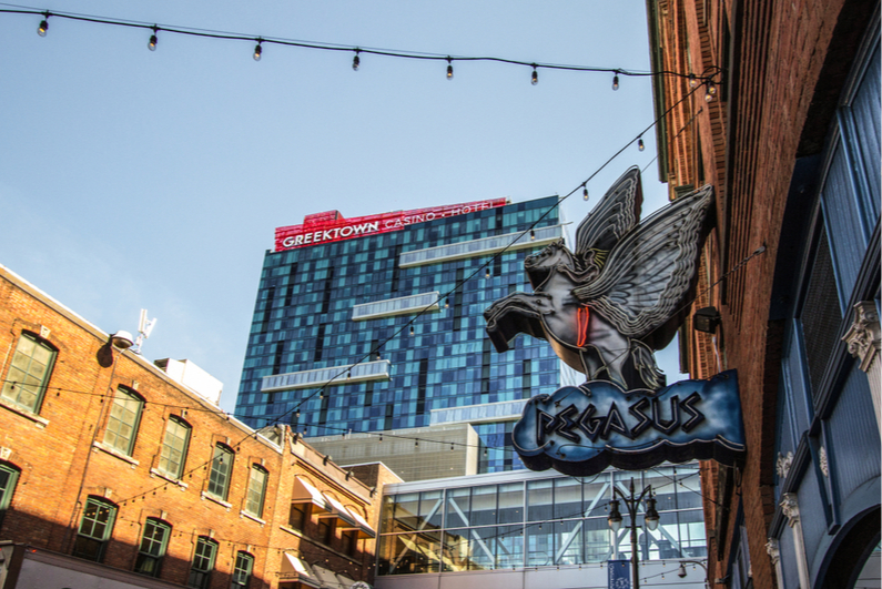 Greektown casino with a Greek restaurant in the foreground