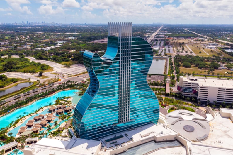 Aerial view of guitar-shaped Seminole Hard Rock Casino Hotel in Hollywood, FL