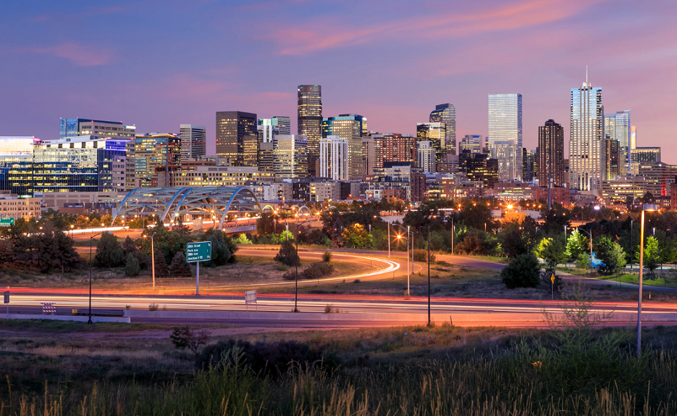 Denver city skyline at dusk