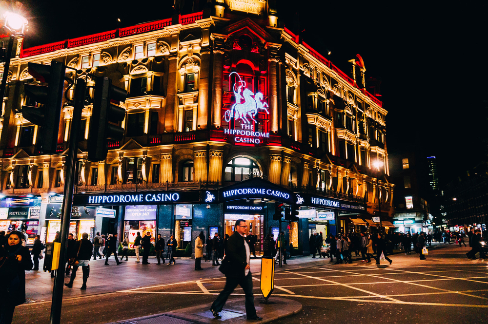 illuminated facade of a casino building in London, UK