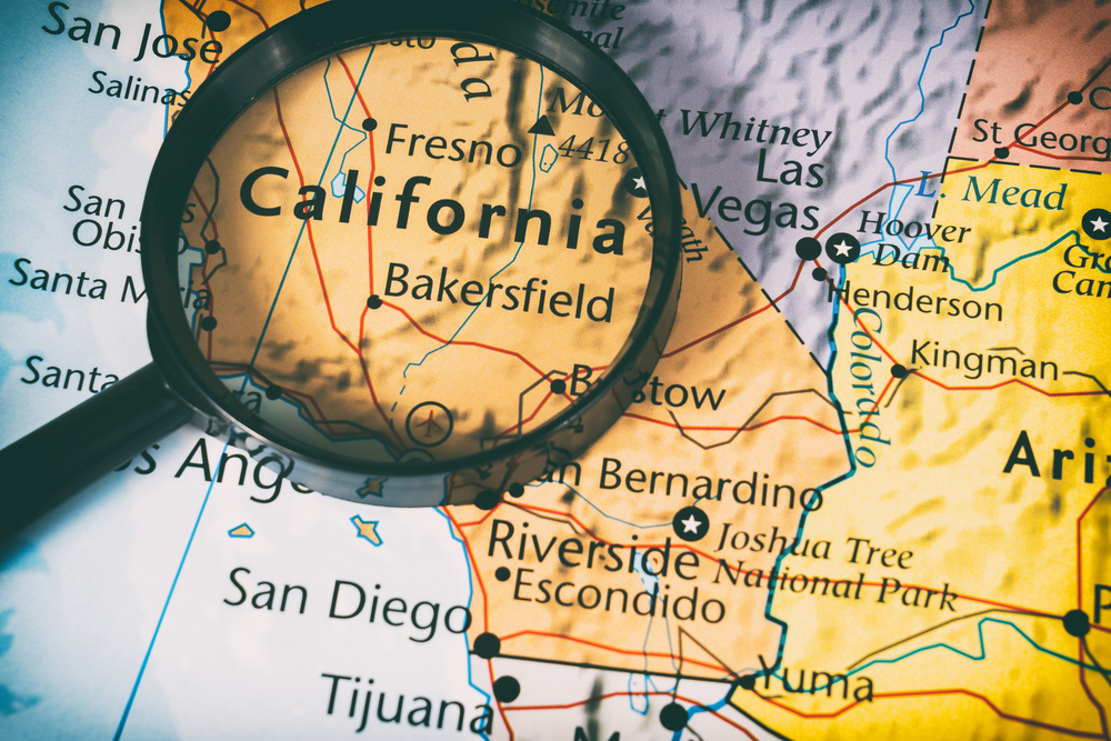 close-up of California on US map