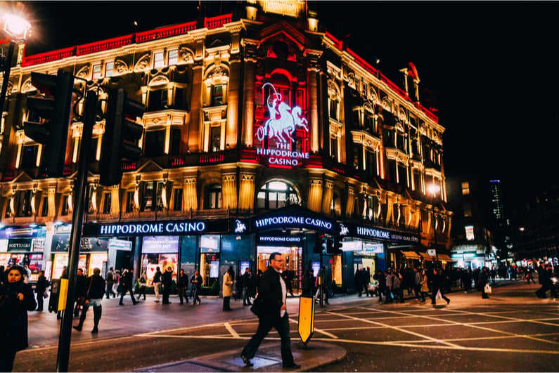 Hippodrome Casino in London at night