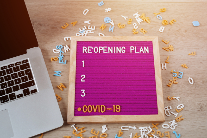 Letter board showing a blank COVID-10 reopening checklist