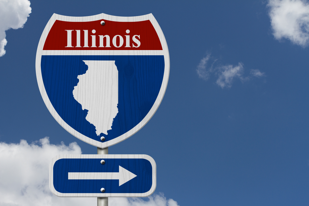 highway road sign with word Illinois and state map