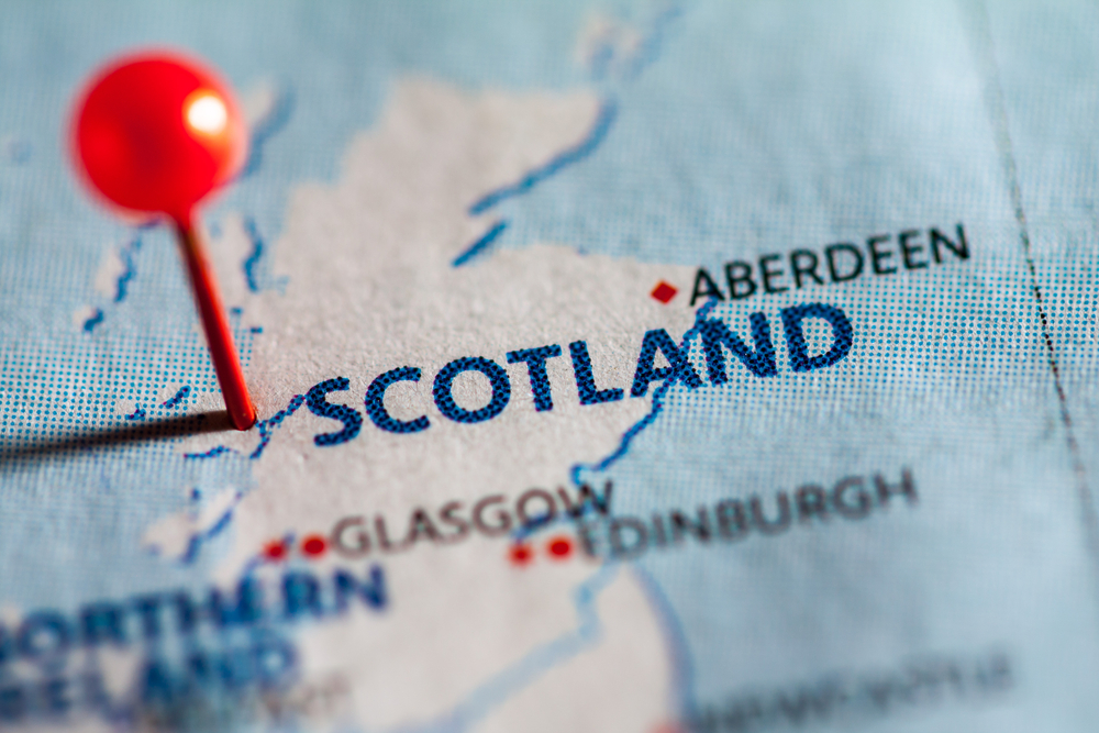 Scotland pinned on a map showing the United Kingdom