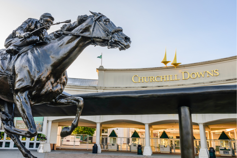 Exterior of Churchill Downs featuring statue of Barbaro