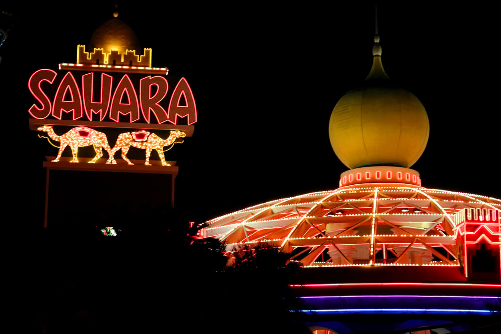 The Sahara Las Vegas hotel and casino property lit at nighttime