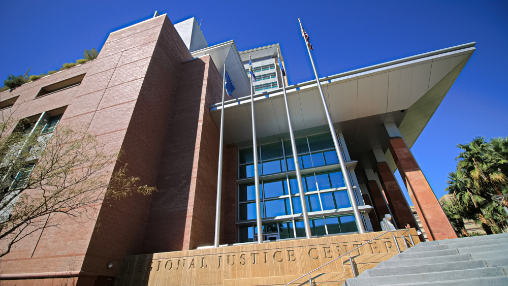 facade of the Regional Justice Center Court House building in Las Vegas