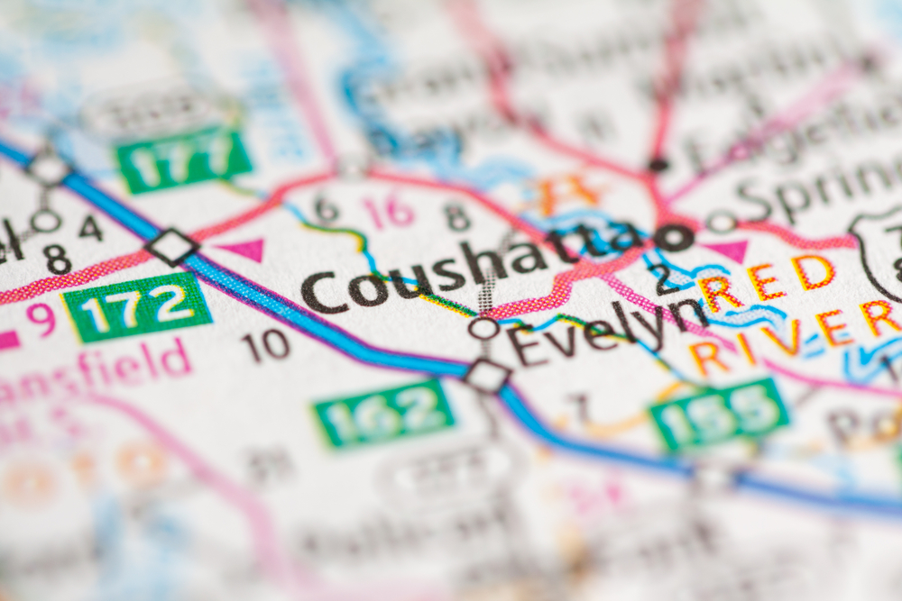 magnified Louisiana map zooms in on Coushatta